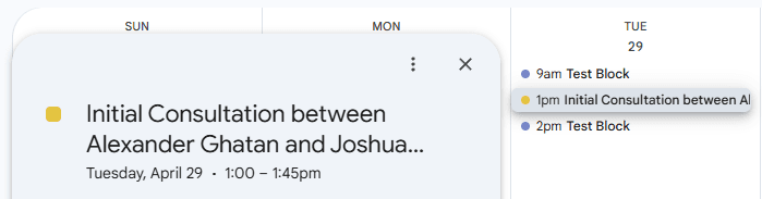 Calendar view with scheduled appointment